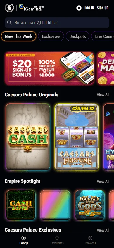 Caesars Casino games screen on a mobile device