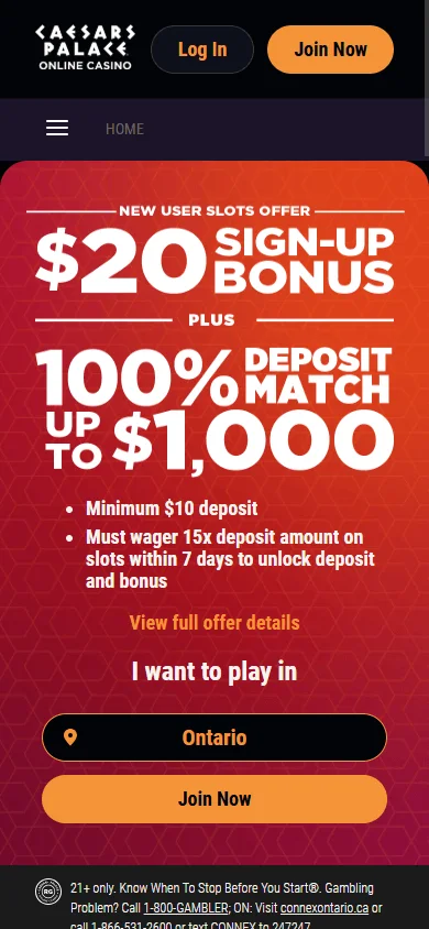 Caesars Casino home screen on a mobile device