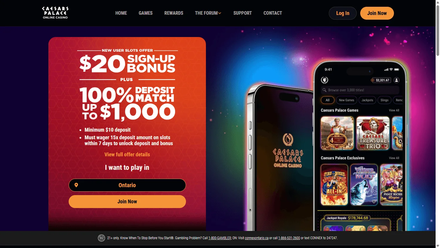 Caesars Casino home screen on desktop