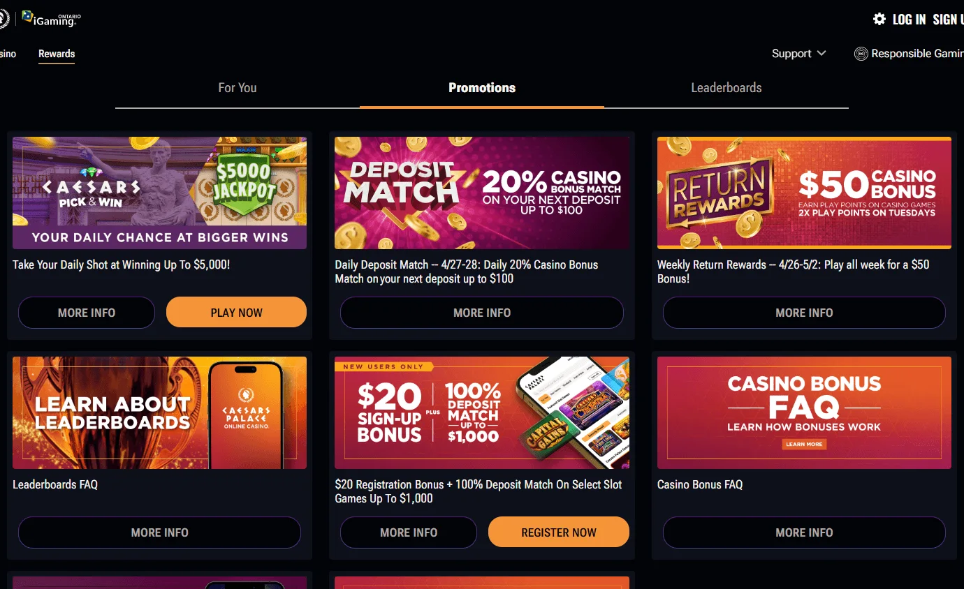 Caesars Casino promotions screen on desktop