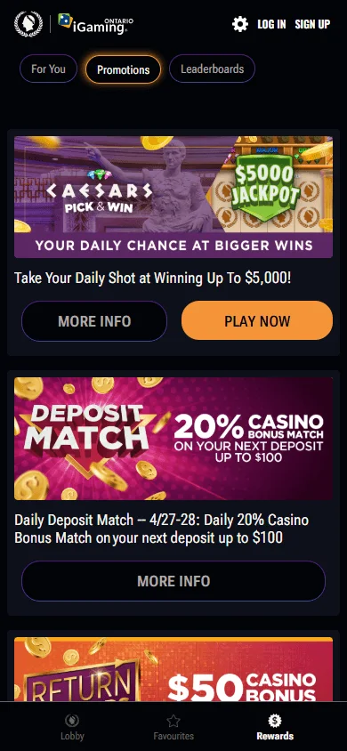 Caesars Casino promotions screen on a mobile device